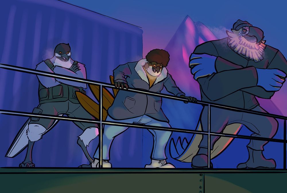 A trio of anthropomorphic birds, standing in a group at an industrial site at sunrise. Slightly towards the back, there is an anthro Black-Capped Chickadee, looking confident and assuredly at the other two birds. In the middle, an anthro owl is leaning on a railing, looking downwards at something glowing on the platform below him, off-frame. Off to the side, a large muscular anthro macaw is dressed up in winter gear, but he looks uncomfortable, gripping his arms in a cartoonish "shivering" pose.