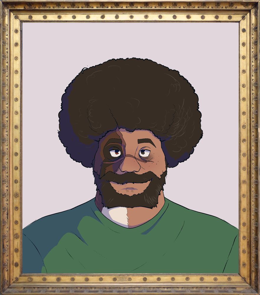 Portrait of the same man as before. He's older, has a fully-grown mustache and beard, has scars on his face, is visibly more tired, and much of his hair has turned gray.