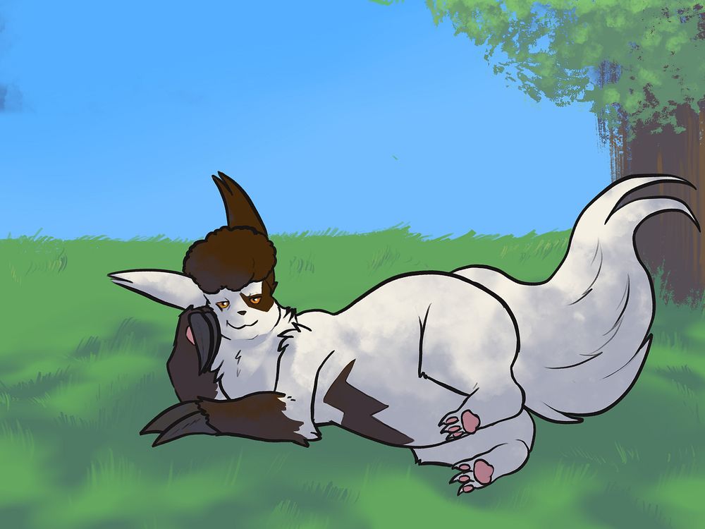 A Zangoose with brown fur is lounging in the shade of a tree, staring welcomingly directly at the viewer.