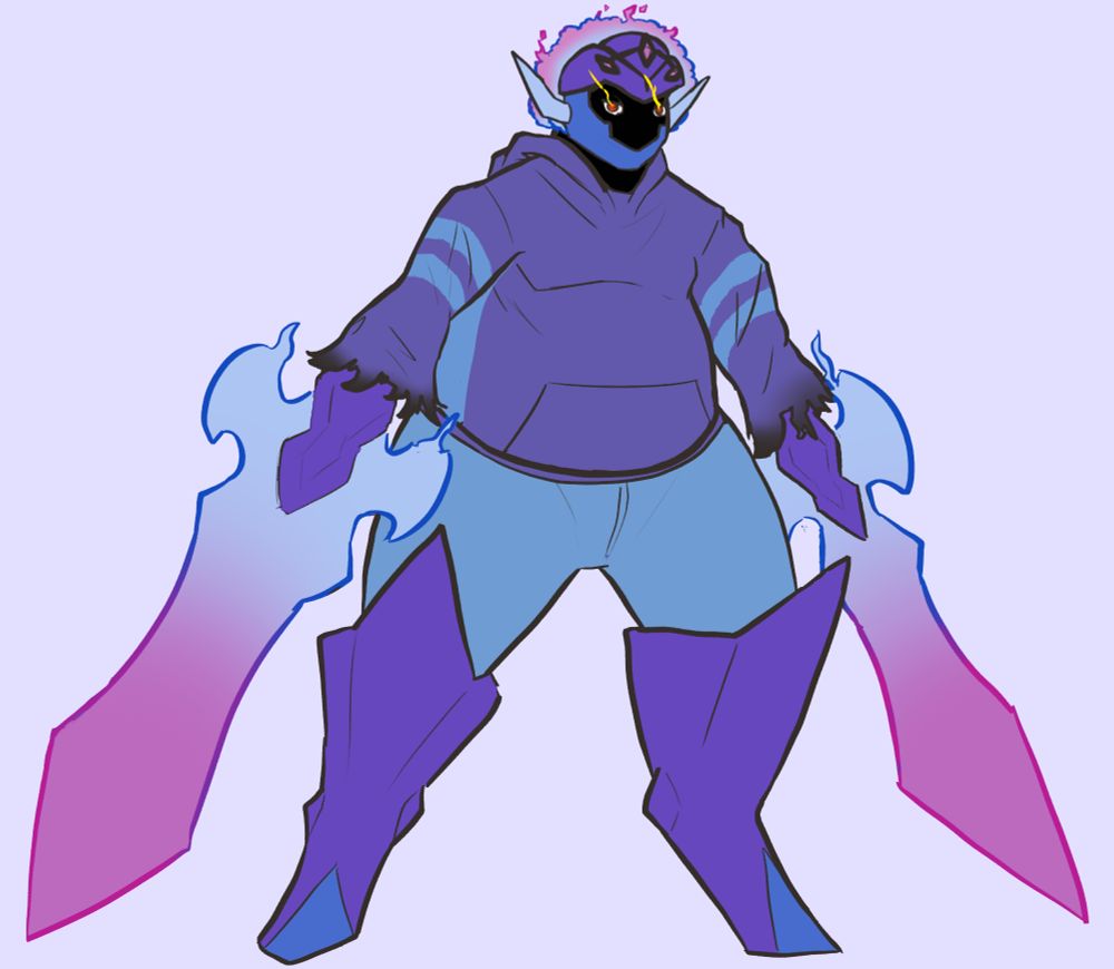 A custom Ceruledge OC with a chunky body type wearing a purple hoodie and blue jeans.