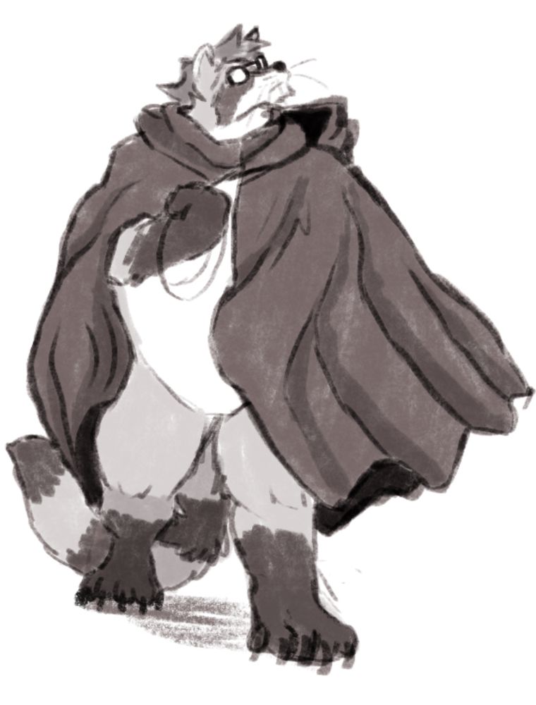 An anthropomorphic raccoon wearing a cloak is walking, clutching some kind of necklace in his paw.