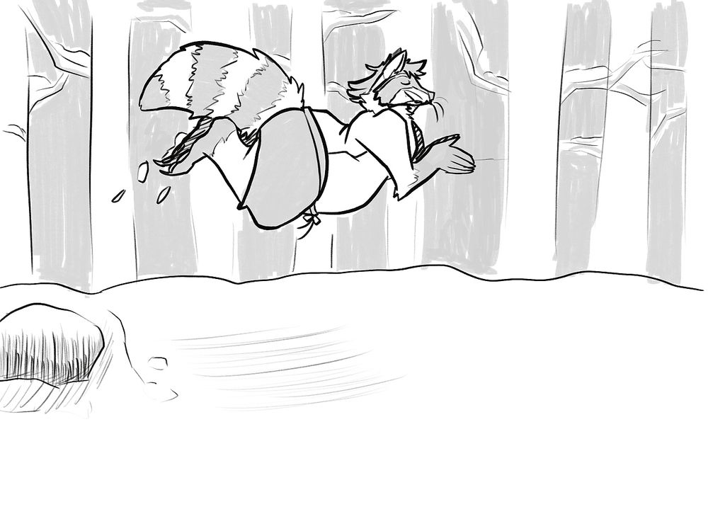 An anthropomorphic chubby raccoon man, wearing nothing but a pair of swimming trunks, leaps into the air in a cartoonish diving pose, into some fresh snow.