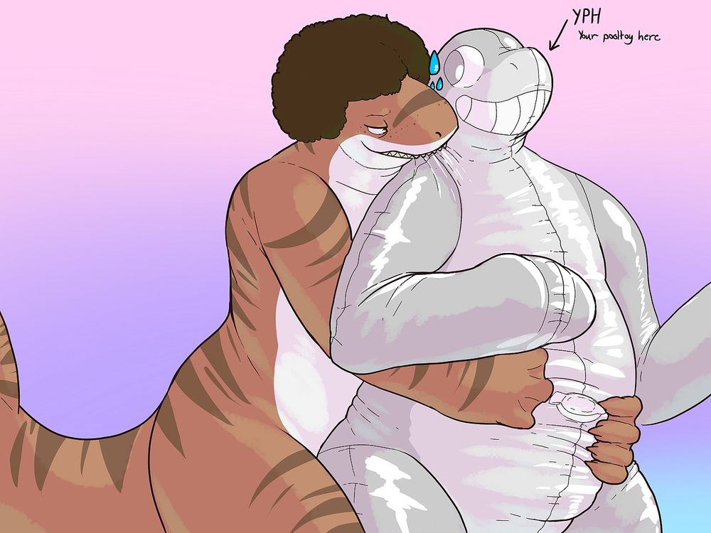 A brown-colored anthropomorphic tiger shark is gripping tightly on a generic gray-colored living inflatable pool toy. The shark's webbed hand claws are causing deep creases into the pool toy. The shark is also nibbling on the pool toy's shoulder with his sharp teeth, causing even more dangerous creases to form. the pool toy looks nervous, with cartoonish sweat beads appearing on the side of its face.