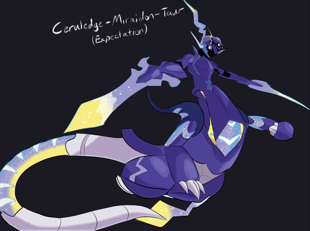 An example of a Ceruledge-Miraidon-taur. It's like a centaur, with the "horse" part being that of a Miraidon, a robotic dragon creature, and the "human" part being that of Ceruledge, a living set of armor with firey swords for hands.