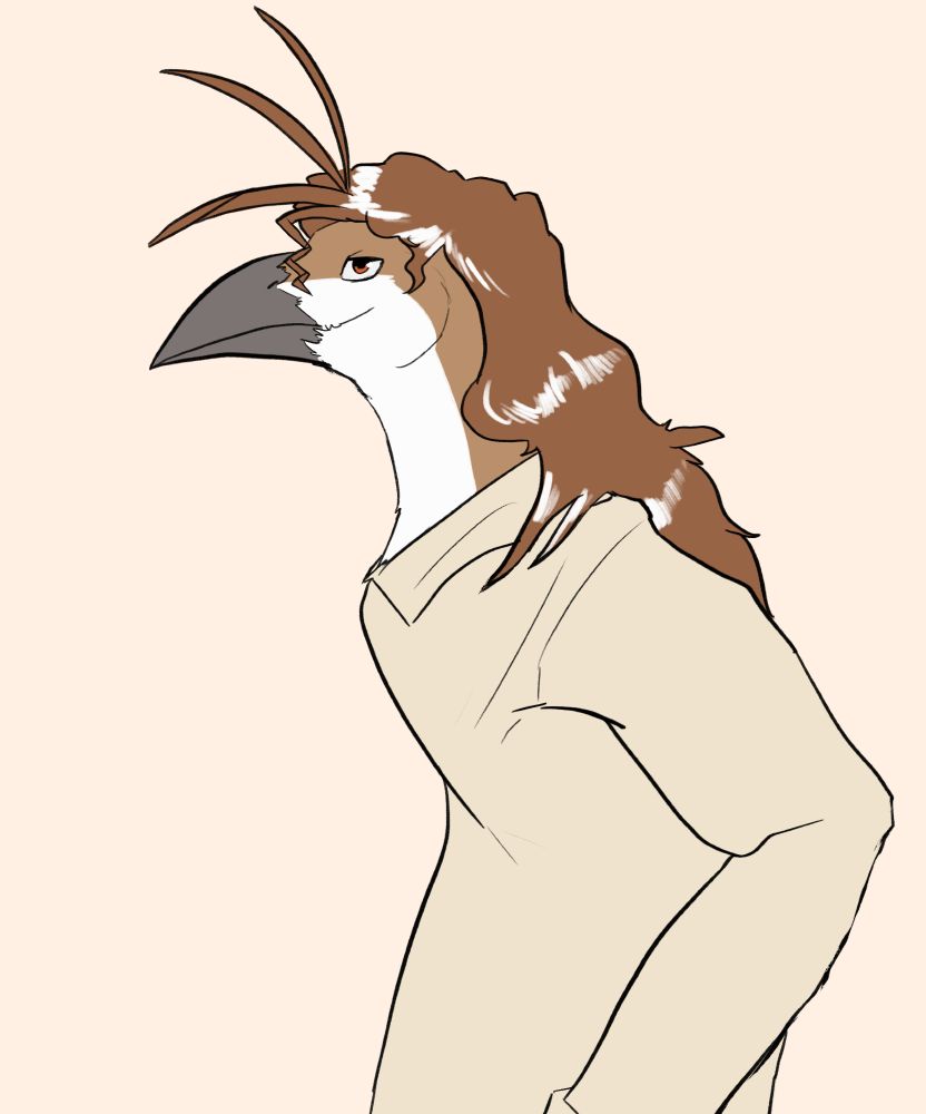 An anthropomorphic pigeon in casual wear is looking at the viewer. They have prominent bangs sticking out their "hair".
