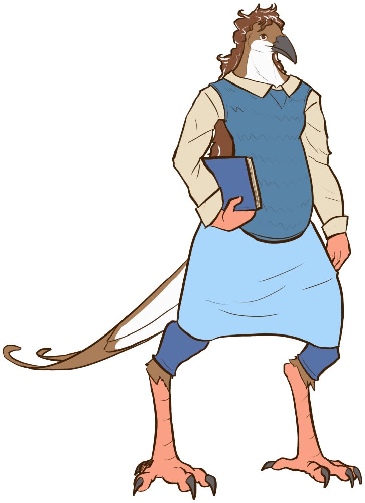 An anthropomorphic pigeon. They are wearing a beige shirt with a darkish-blue sweater vest over it. They are wearing blue pants with a light blue skirt over it. They are holding a book.
