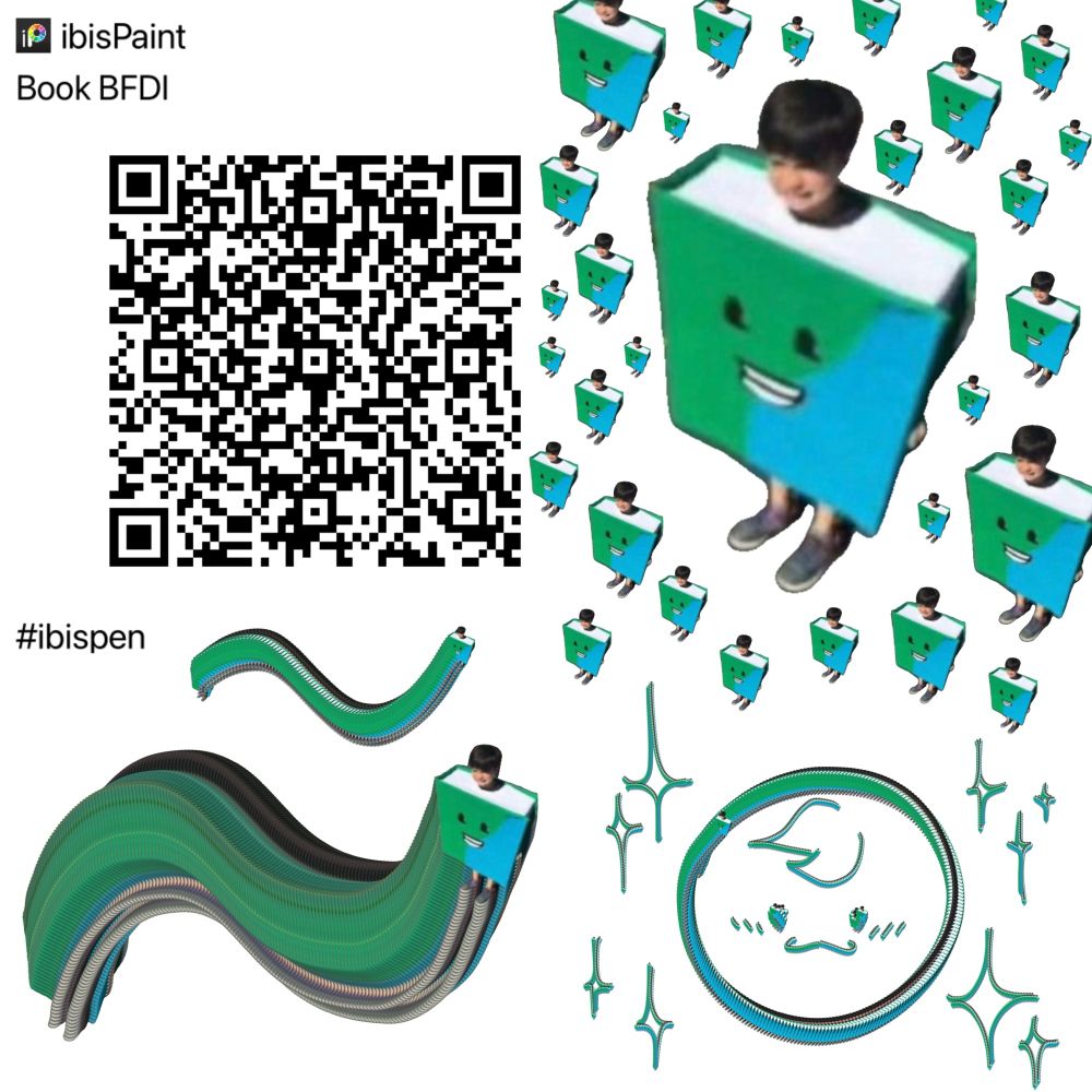 QR code for a custom brush based on a kid cosplaying as Book from BFDI. Examples of the brush in use are placed throughout the image.