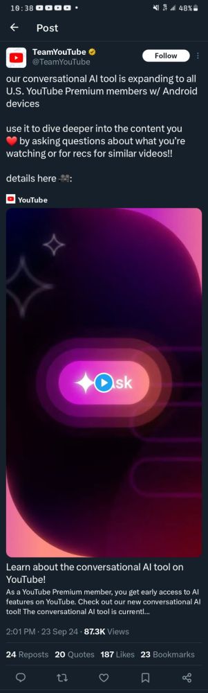 A tweet from the YouTube Twitter account that reads: "our conversational Ai tool is expanding to all U.S. YouTube Premium members w/ Android devices

use it to dive deeper into the content you ♥️ by asking questions about what you're watching or recs for similar videos!!"