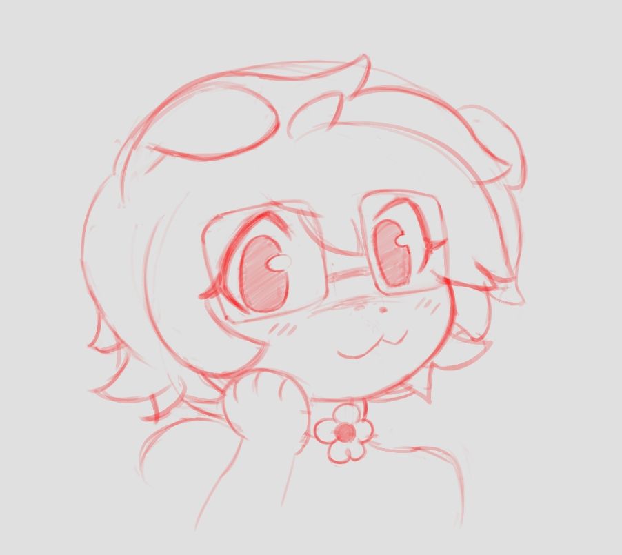 Anthro dog with fluffy hair, glasses, a collar with a daisy, and her hand on her cheek