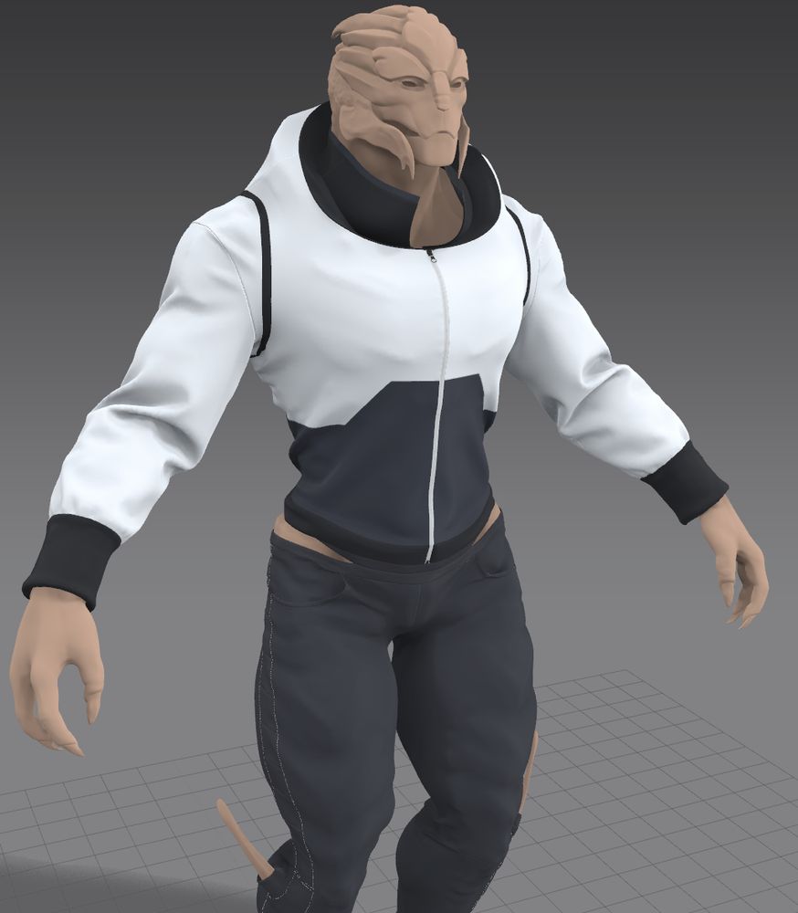 Screenshot of a turian model of Verros, wearing a sporty jacket with a zipper and a big collar.