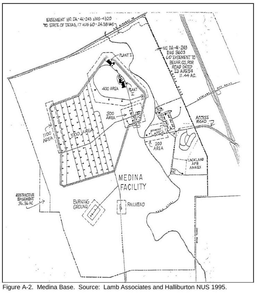 A detailed drawing of the Medina Modification Center, showing the location of various buildings, roads, and the many storage igloos for nuclear bombs and warheads (in the 500 Area).

A caption reads: "Figure A-2. Medina Base. Source: Lamb Associates and Halliburton NUS 1995."