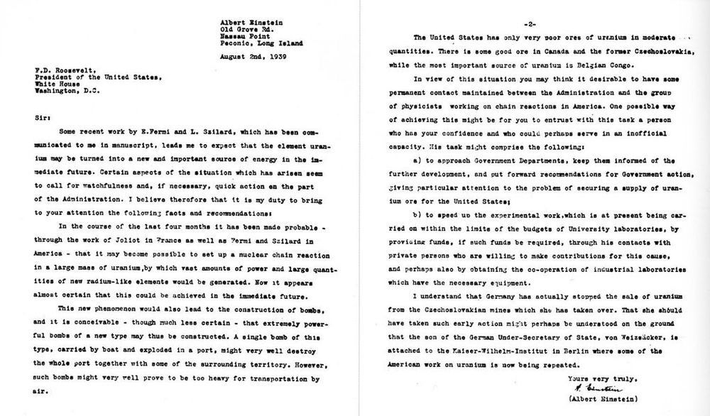 A copy of Albert Einstein’s two-page typewritten letter to President Franklin Delano Roosevelt. Full text available here: https://www.atomicarchive.com/resources/documents/beginnings/einstein.html