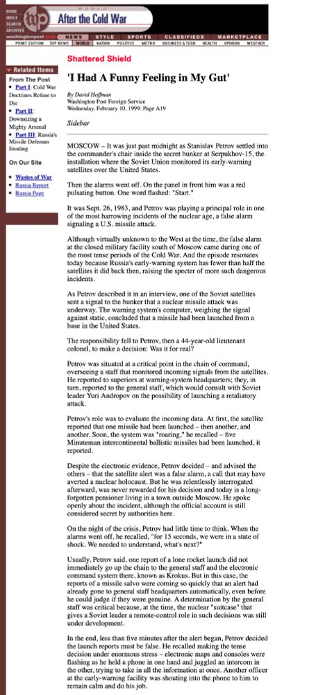 A screenshot of the linked February 10, 1999, Washington Post article headlined, “‘I Had A Funny Feeling In My Gut.”