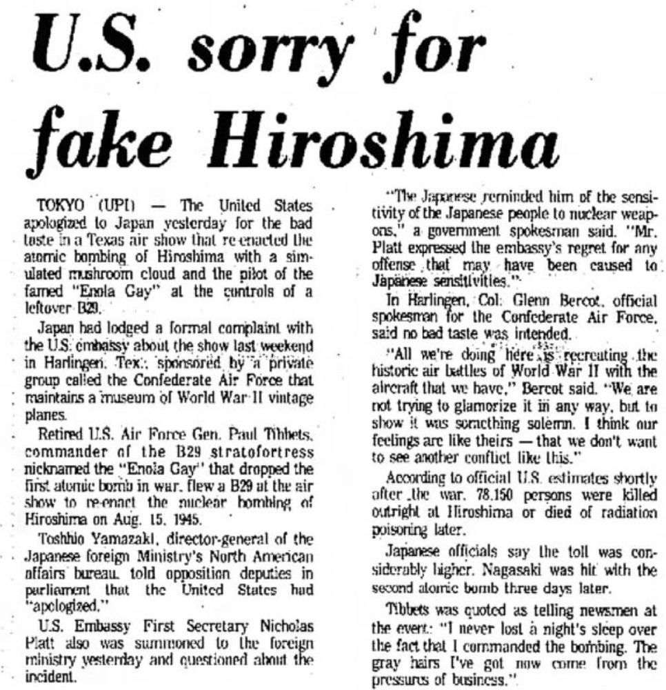 Copy of an October 15, 1976, United Press International newspaper article headlined “U.S. sorry for fake Hiroshima.”