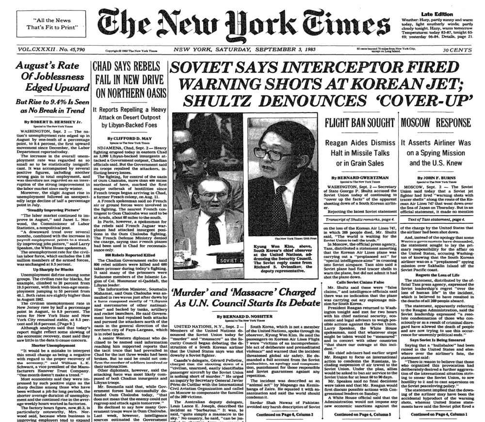 The top half of the front page of the September 3, 1983, edition of the New York Times featuring a three-deck headline, 