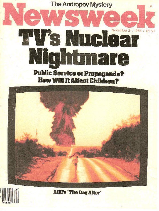The cover of the November 21, 1983, edition of Newsweek, with the text:

"TV"s Nuclear Nightmare
Public Service or Propaganda?
How Will It Affect Children?

Below this is a color photo of a scene from the movie (oversaturated in orange and yellow) of a large mushroom cloud rising over a road and farm fields, as a young man runs toward the camera while glancing back at the cloud.