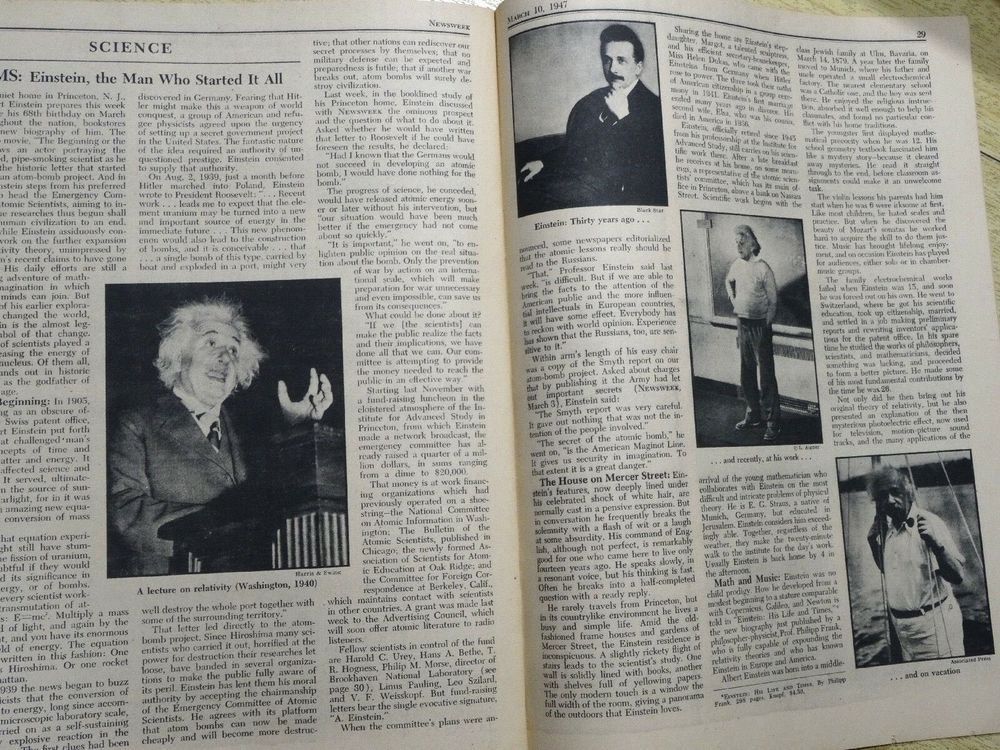 A photograph of the first two pages of the Einstein cover story, featuring four small black and white photographs of Einstein at various stages in his life.