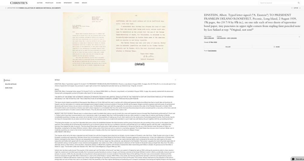 A screenshot of the Christie's webpage for the 2002 auction of the 1939 Einstein letter, showing images of the two page letter and a description of its contents, history, and provenance.