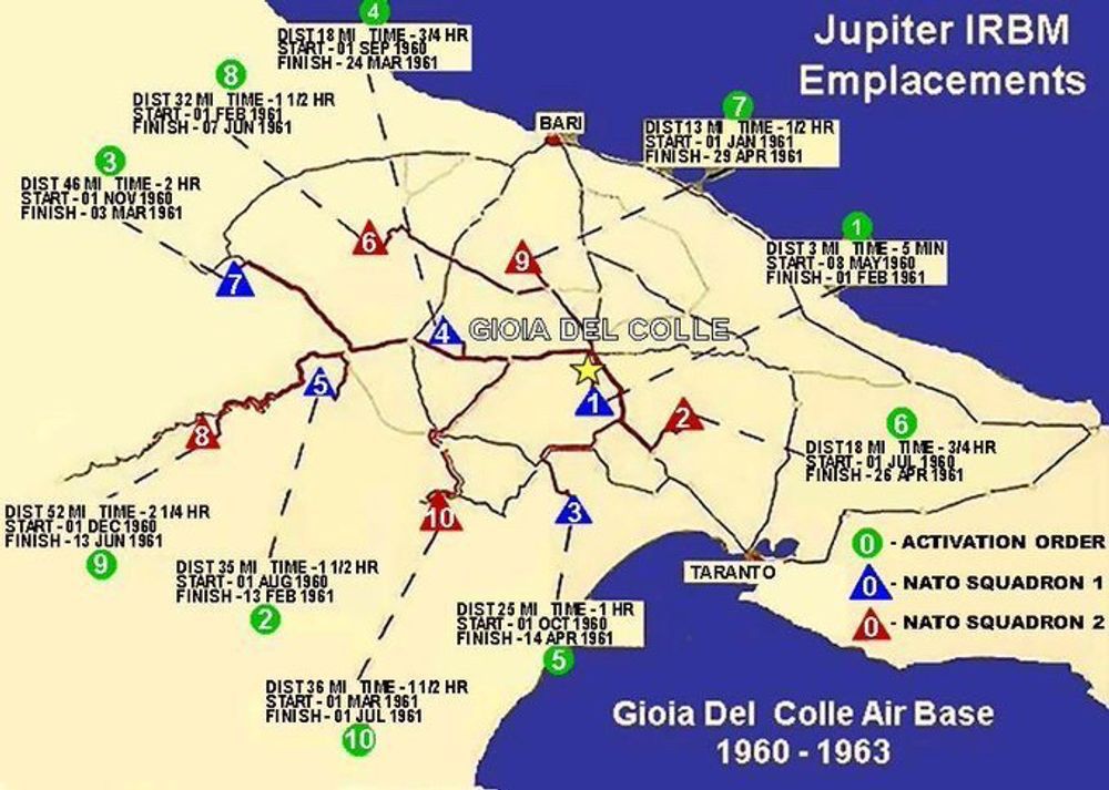 A color map titled "Jupiter IRBM Emplacements—Gioia Del Colle Air Base, 1960-1963" adapted from a map in an official document showing the location of all the Jupiter missiles deployed at Gioia Del Colle Air Base in Italy from 1960-63 (numbered in the order in which they were activated), along with the date the missiles were activated and deactivated and the driving distance to each location from Gioia Del Colle.