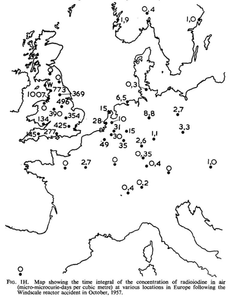 Another hand-drawn figure from a report showing the concentration of radioiodine in the air (in micro-microcurie-days per cubic meter) at numerous locations across the Great Britain and Europe after the Windscale accident.