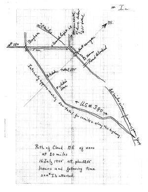 A hand drawn map attached to a July 21, 1945, report by Col. Stafford Warren, the Manhattan Project’s chief medical officer, showing the “path of the cloud NE of zero at 20 miles” on July 16, 1945, 2 hours and 55 minutes after the explosion. Next to a line indicating US Highway 380 is written, “Intensity approximately 50r total for 10 miles along this highway.”