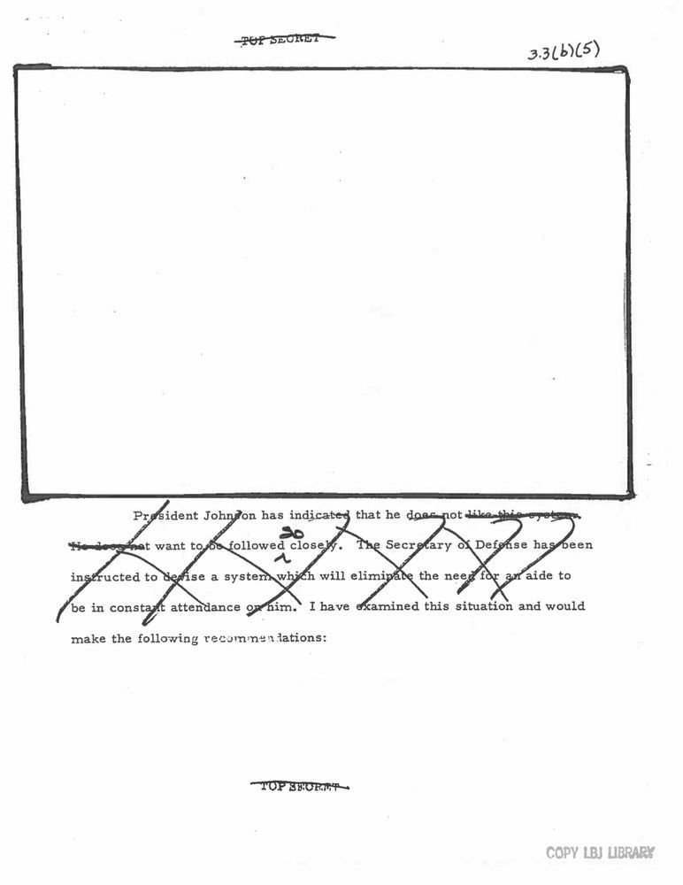Copy of a formerly TOP SECRET, heavily-redacted, January 1, 1965, White House memorandum, probably drafted by White House military aide General Chester Clifton, describing the role of the White House military aide in assisting the president with the Single Integrated Operational Plan (SIOP, the nuclear war plan) and the Presidential Emergency Action Documents (PEADs) and how the White House Communications Agency maintains communications systems allowing the president to connect almost instantly with the National Military Command Center to authorize the use of nuclear weapons.

Crossed out at the bottom of the page is the following: “President Johnson has indicated that he does not like this system. He does not want to be followed so closely. The Secretary of Defense has been instructed to devise a system which will eliminate the need for an aide to be in constant attendance on him.” This is followed by, "I have examined this situation and would make the following recommendations.”