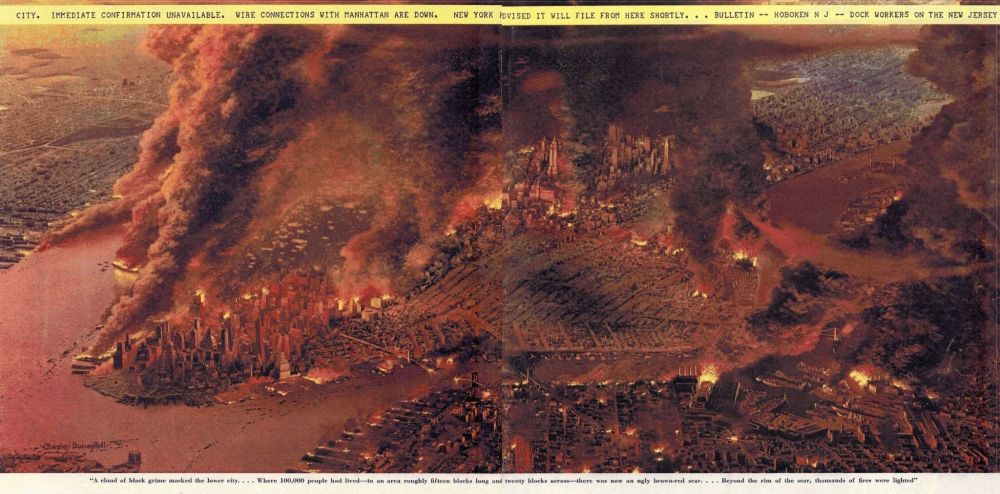 A two-page-spread painting of the aftermath of a nuclear attack on New York City. Multiple areas of the city are on fire and enormous plumes of black smoke billow into the air. The caption reads, “A cloud of black grime masked the lower city. … Where 100,000 people had lived—in an area roughly fifteen blocks long and twenty blocks across—there was now an ugly brown-red sear. … Beyond the rim of the sea, thousands of fires were lighted.”