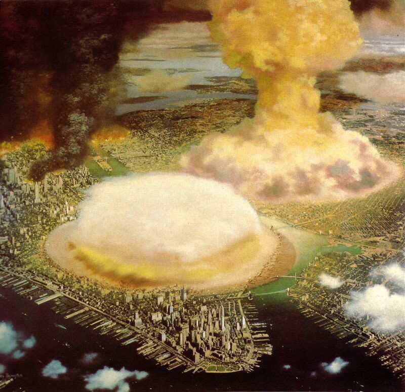 A large painting from inside Collier's magazine of two large nuclear explosions over Manhattan and Queens. A large plume of smoke from a firestorm in northern Manhattan is also visible.