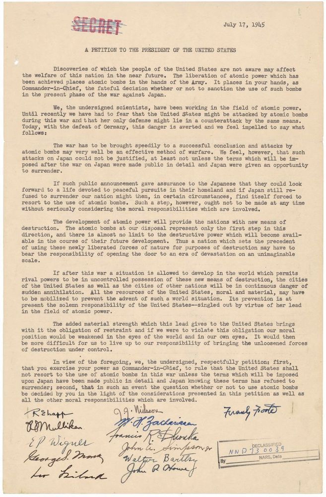 An archival copy of Leo Szilard's "A Petition to the President of the United States," dated July 17, 1945, and stamped "SECRET" in red. It bears 12 signatures on the first page (the only page shown), including Leo Szilard, Ralph E. Lapp, Eugene P. Wigner, and John A. Simpson, Jr.