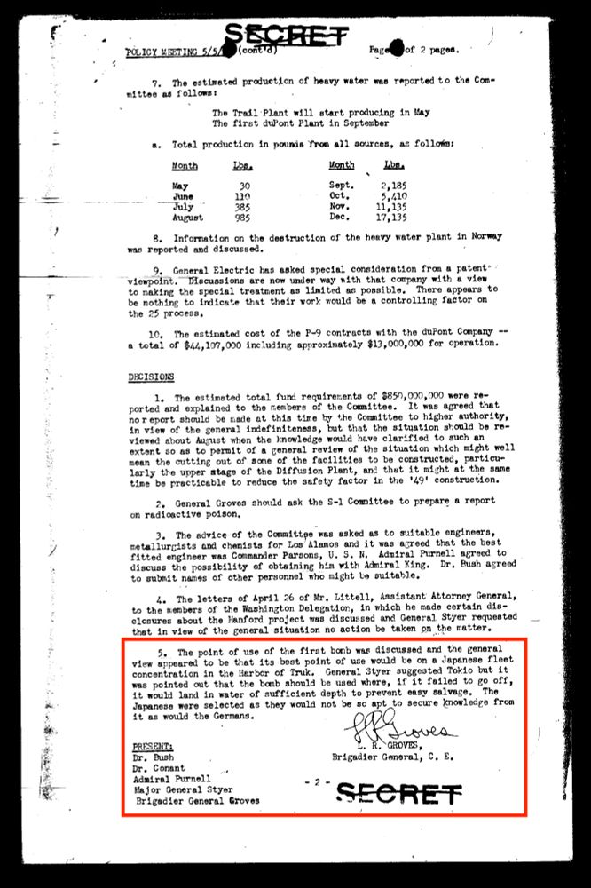 Page two of the minutes of the May 5, 1943, policy meeting. The list from the first page continues with items seven through 10 (item seven has one lettered subpoint, a).

Below this is a section headlined "Decisions." Decision 5, at the bottom of the page, is highlighted in a red rectangle:

“The point of use of the first bomb was discussed and the general view appeared to be that its best point of use would be on a Japanese fleet concentration in the Harbor of Truk. General Styer suggested Tokio [sic] but it was pointed out that the bomb should be used where, if it failed to go off, it would land in water of sufficient depth to prevent easy salvage. The Japanese were selected as they would not be so apt to secure knowledge from it as would the Germans.”