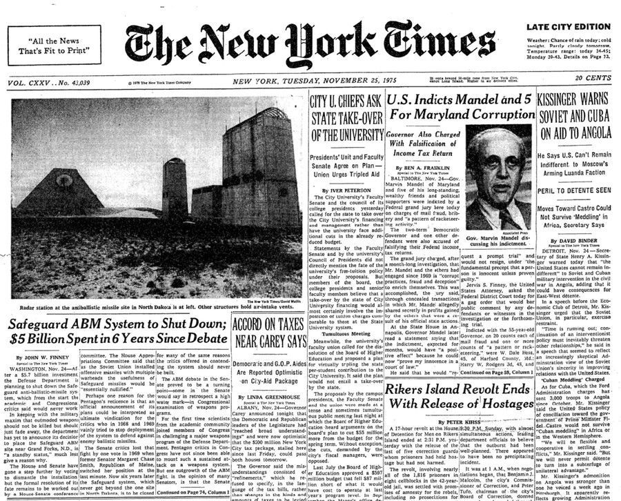 The front page of the November 25, 1975, edition of the New York Times, featuring an article at the top left headlined, “Safeguard ABM System to Shut Down; $5 Billion Spent in 6 Years Since Debate,” along with a large black and white photograph of the site’s Missile Site Radar and some of the building’s multiple reinforced air intake vents.