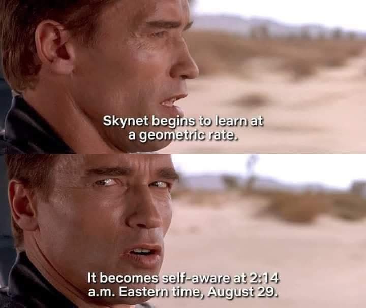 A stacked screenshot of two clips from “Terminator 2,” showing the T-800 (Arnold Schwarzenegger) telling Sarah Connor as he drives a car through a desert landscape that “Skynet begins to learn at a geometric rate. It becomes self-aware at 2:14 a.m. Eastern Time, August 29.”