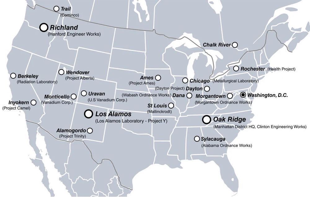 A map of the continental United States (along with parts of Canada and Mexico) showing the locations and names of all the US and Canadian facilities that contributed to the Manhattan Project.