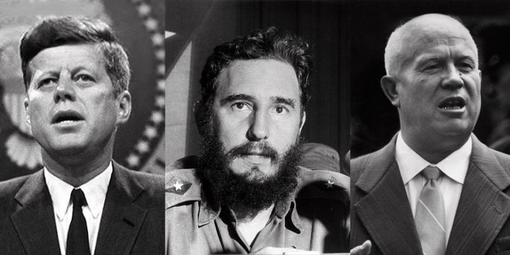 A black and white triptych showing US President John F. Kennedy, Cuban Prime Minister Fidel Castro, and Soviet Premier Nikita Khrushchev.