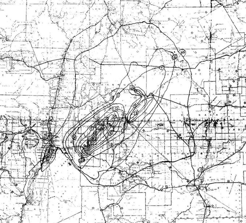 An official but formerly secret hand drawn dose map created after the Trinity test showing radiation exposures at varying distances from the test site, with the fallout traveling in a generally northeasterly direction.