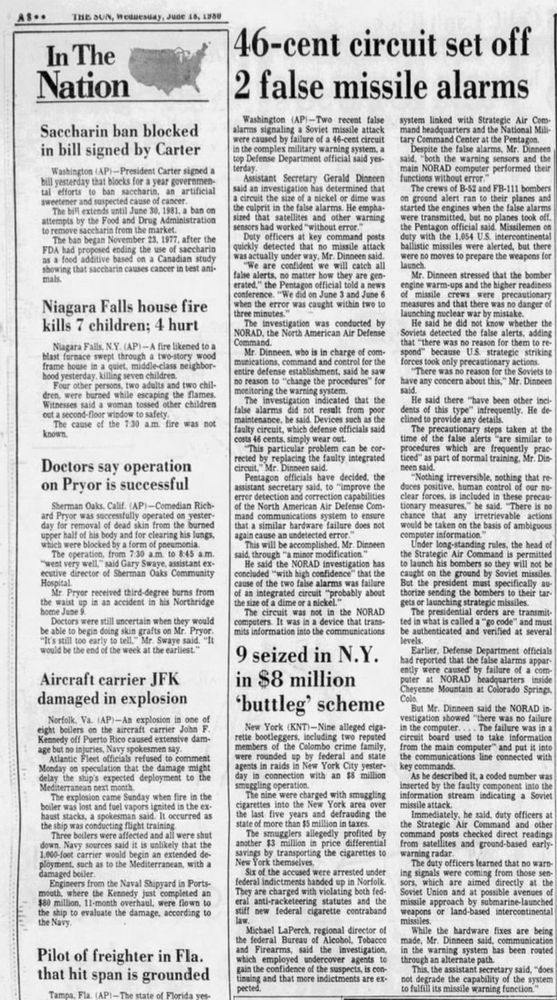 Copy of an Associated Press article in the June 18, 1980, edition of the Baltimore Sun headlined, “46-cent circuit set off 2 false missile alarms."