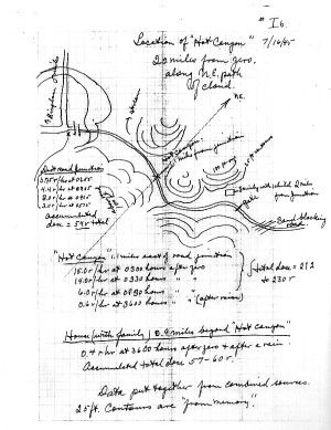 A second hand drawn map attached to a July 21, 1945, report by Col. Stafford Warren, the Manhattan Project’s chief medical officer, showing “location of ‘hot canyon’ 20 miles from zero along NE path of cloud” and indicating there was a “house (with family) 0.9 miles beyond ‘hot canyon’” (this was Hoot Owl Canyon and the Ratliff ranch, respectively). Radiation measurements in this location were "0.4rhr at 3600 hours after zero + after a rain. Accumulated total dose 57-60r."