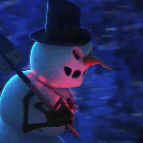 a snowman with a top hat and a shovel stands in the snow