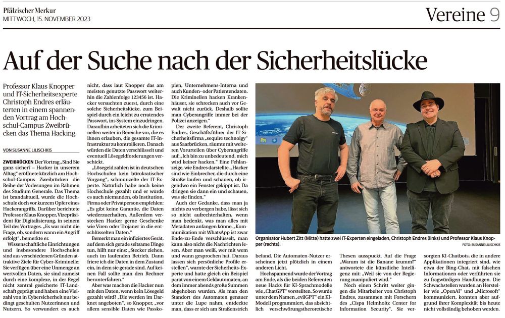 Zeitungsartikel des Pfälzischen Merkus vom 15.11.2023 mit der Überschrift "Auf der Suche nach der Sicherheitslücke"