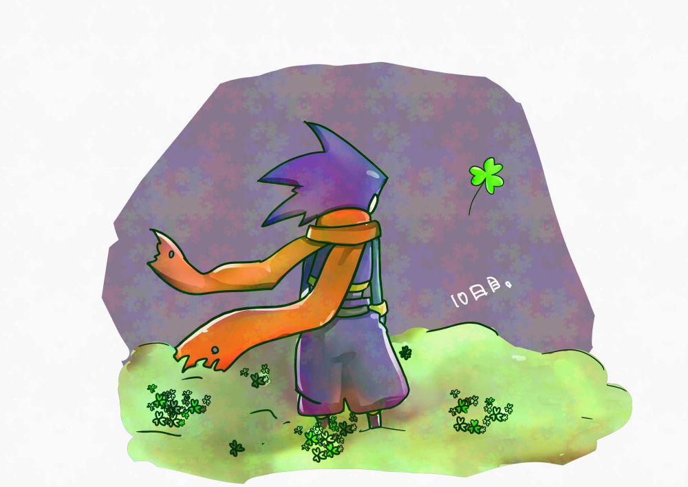 クローバーの咲く原っぱに佇むシャル