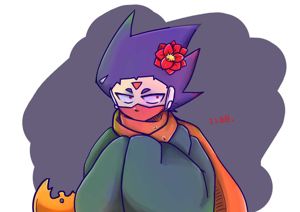 黒い半纏を着込んで頭に椿の花を載せるシャル