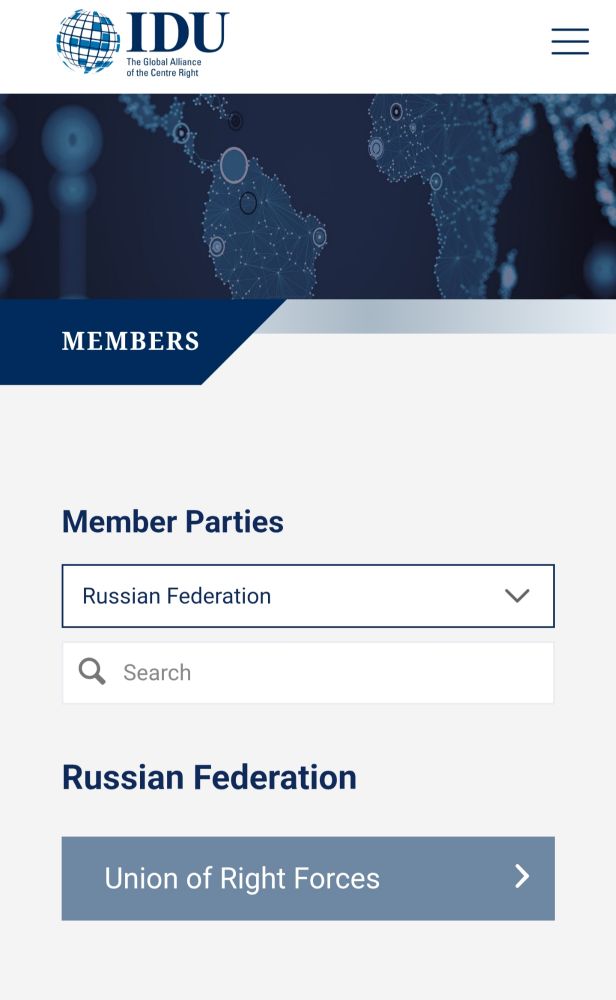 Screenshot of the IDU - International Democratic Union website, Member Parties page.  The dropdown menu has Russia, as the country selected, and the IDU member shown is the Union of Right Forces.