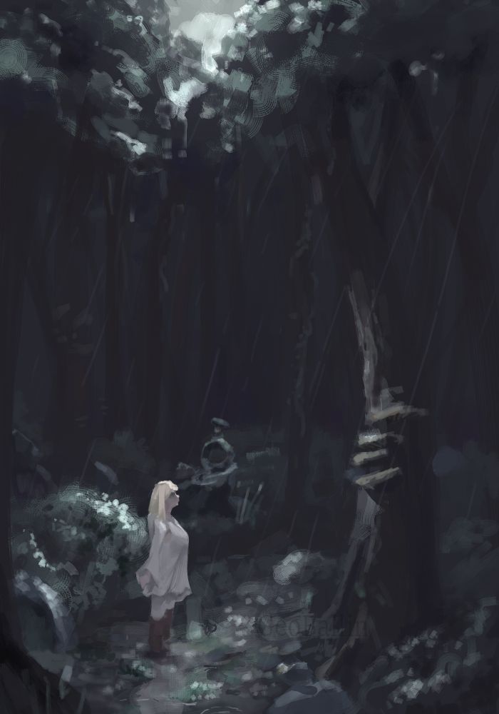painting of a rain-soaked forest with a person looking upwards