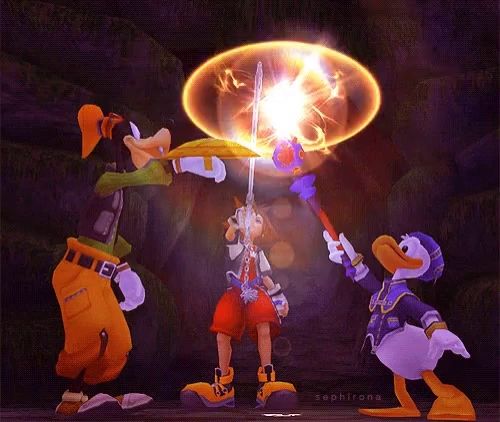 goofy and donald duck are playing a video game with a light coming out of their hands