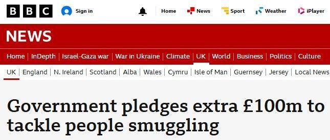 BBC news headline reads: "Government pledges extra £100m to tackle people smuggling"