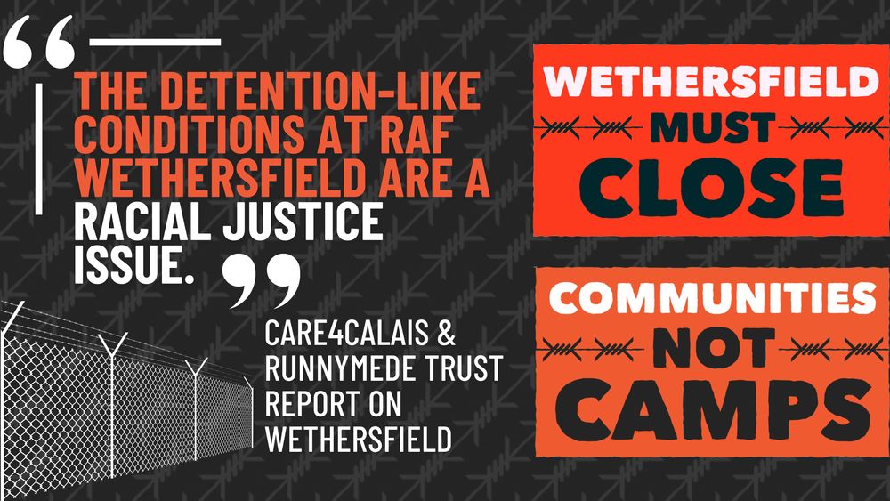Graphic reads "the detention like conditions at RAF Wethersfield are a racial justice issue."