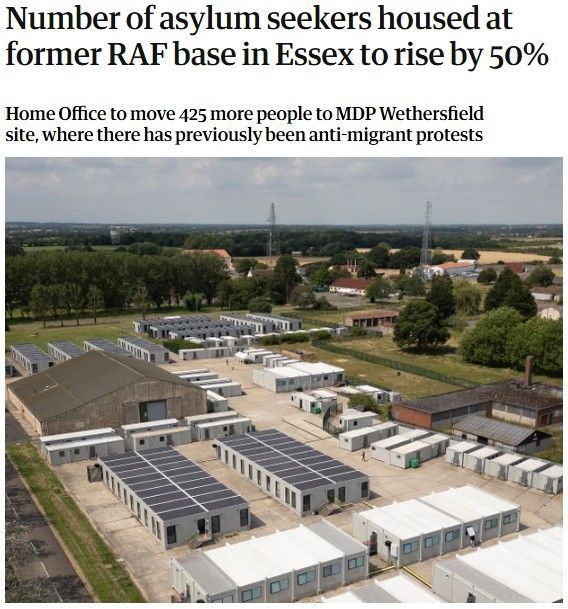 Headline over an image of small, white, barrack-like building reads "number of asylum seekers housed at former RAF base in Essex to rise by 50%"