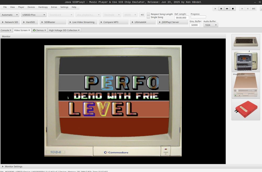 JSidplay2 screenshot showing USBSID-Pico support