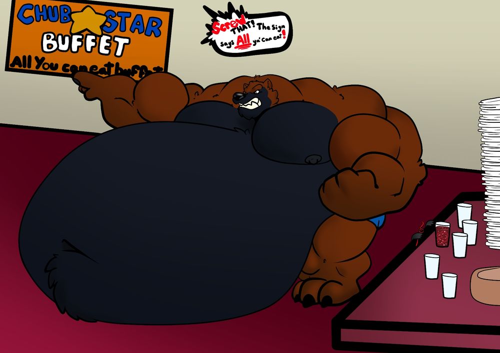 An incredibly buff Wolverine with a huge ponderous guy complaining to the staff at a buffet for trying to kick him out.