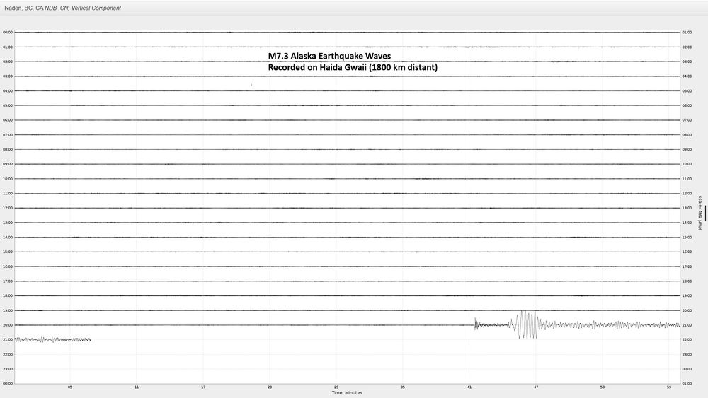 Image of ground shaking (not felt) on Haida Gwaii showing seismic waves from the the 16 July, 2025 M7.3 earthquake near Sand Point Alaska (nearly 1800 km away).